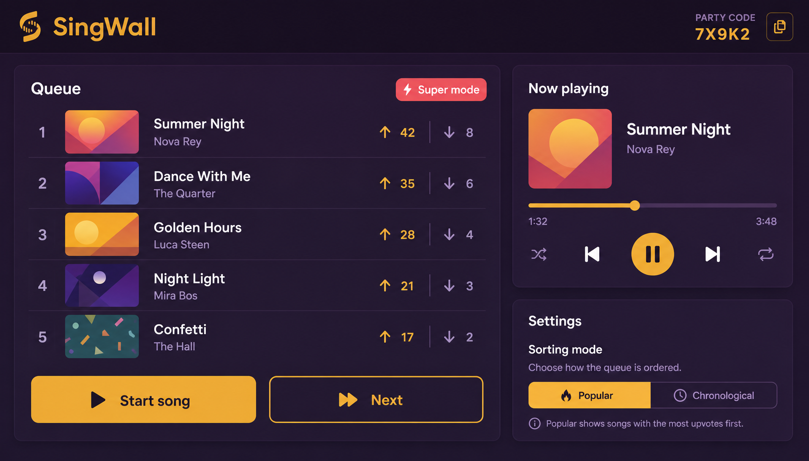 SingWall host panel with playback controls, lyric timing, super mode and QR code