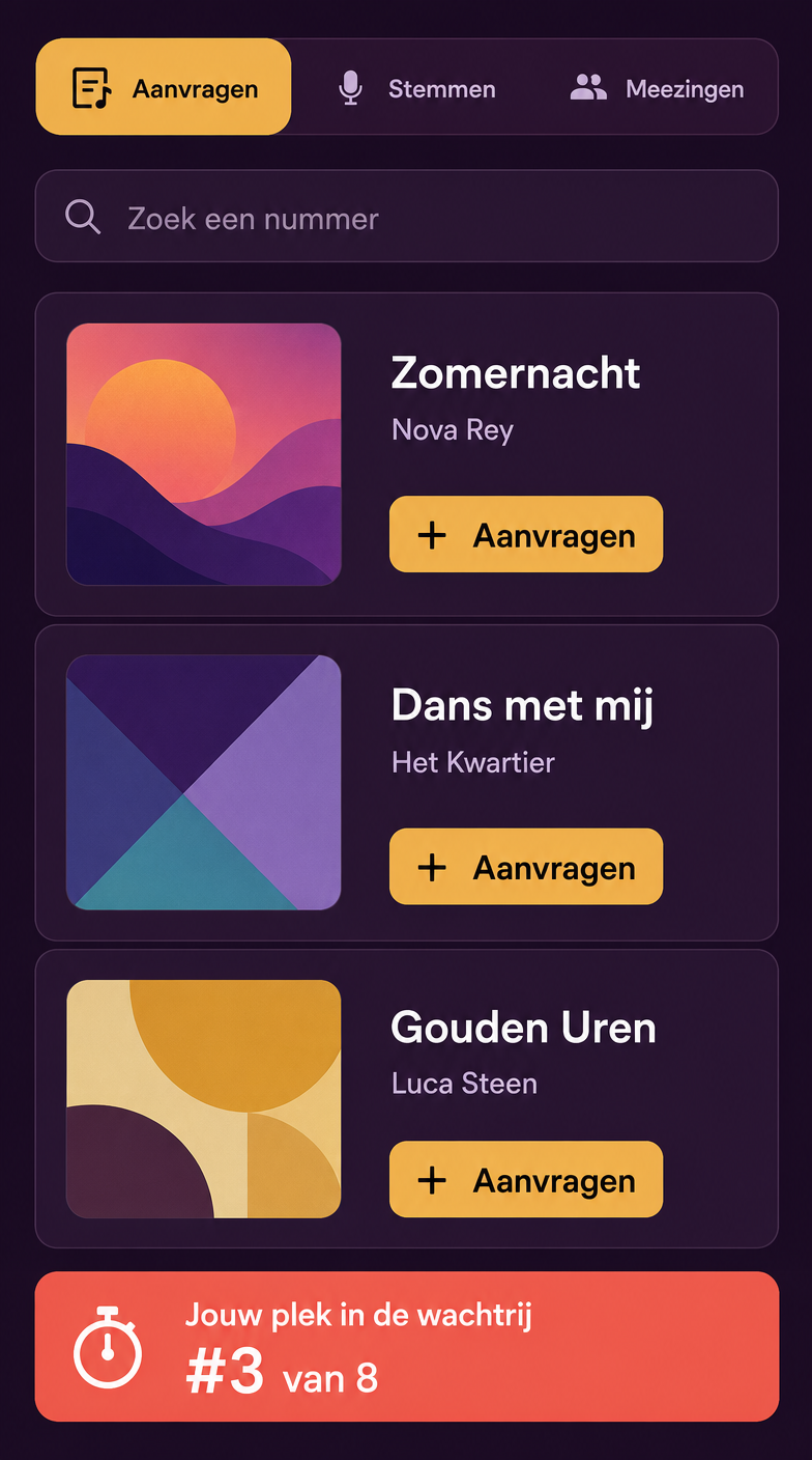 Mobiele aanvraagpagina van SingWall met zoekveld, wachtrij en stemknoppen