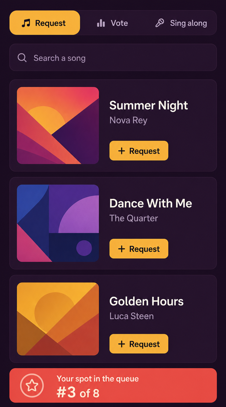 SingWall mobile request page with search field, queue and voting buttons