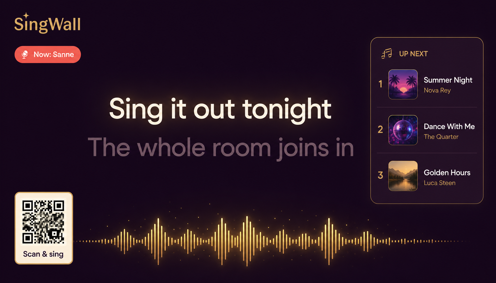 SingWall karaoke screen with synced lyrics, performer name, queue and QR code