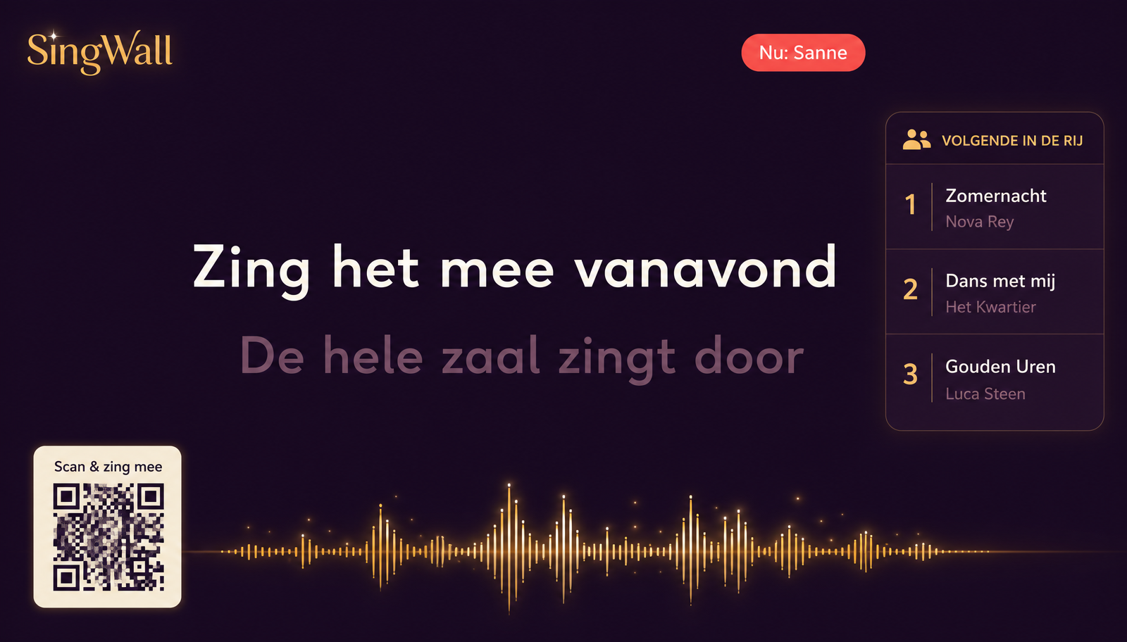 Karaokescherm van SingWall met meelopende songtekst, artiestnaam, wachtrij en QR-code